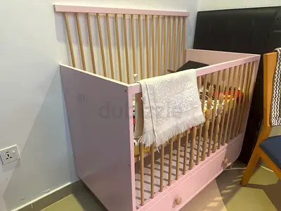 Pink Wooden Baby Crib with Storage Drawer — Good Condition