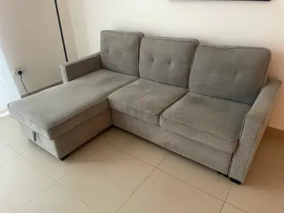 Grey L-shaped 3-seater Sofa bed and double bed with mattress and bedside units. Sold together