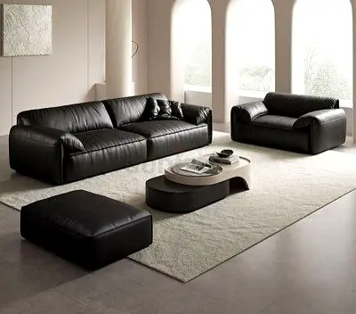 Black Leather 3-Seater Sofa Set with Armchair and Ottoman