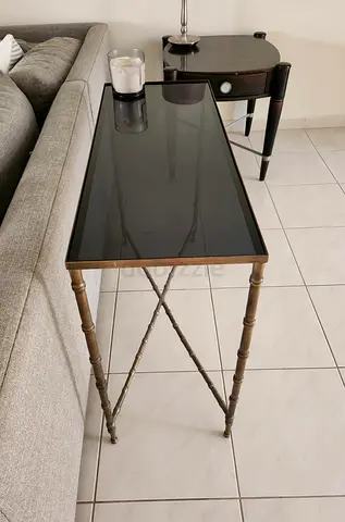 Slim Brass Accent Side Table with Smoked Glass Top