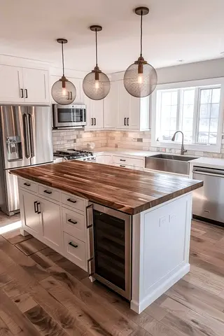 Solid Wood Kitchen Island with Wine Cooler and Storage