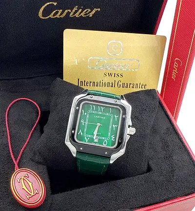 Cartier Santos-style Green Dial Leather Strap Watch with Papers and Box