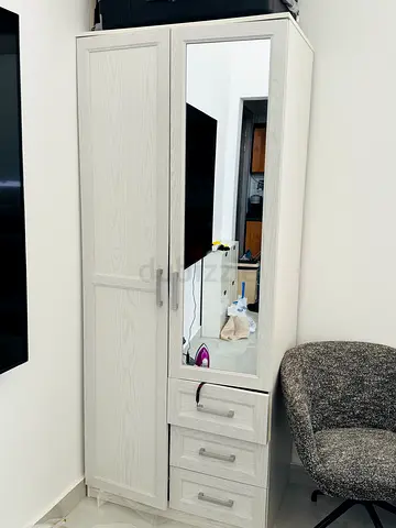 Slim White Wardrobe with Mirror and Drawers