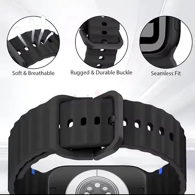 Black Silicone Replacement Strap for Smartwatch - Soft, Breathable, Rugged Buckle