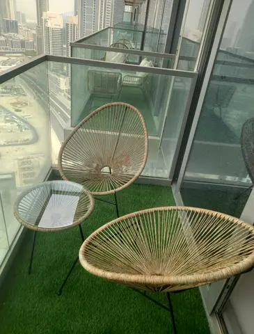 Outdoor rattan-style balcony chairs with small glass-top side table (set of 2 chairs + table)