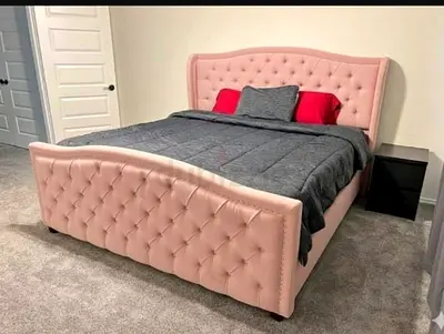 Tufted Pink Upholstered Double Bed with Headboard  Footboard