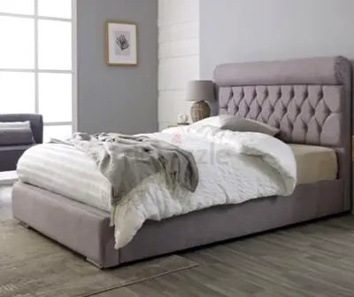 Upholstered Grey Fabric Bed with Tufted Headboard - Double