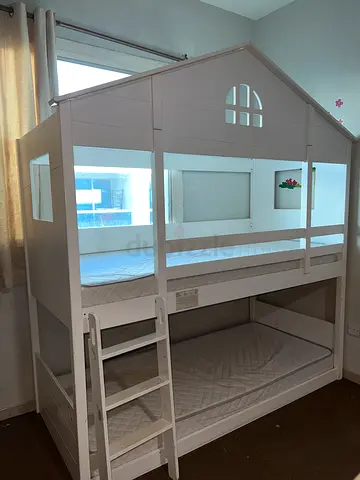 White Wooden Kids Bunk Bed with Playhouse Design - Good Condition