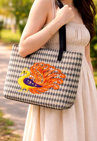 Jute Tote Bag with Embroidered Peacock Design - Brand New