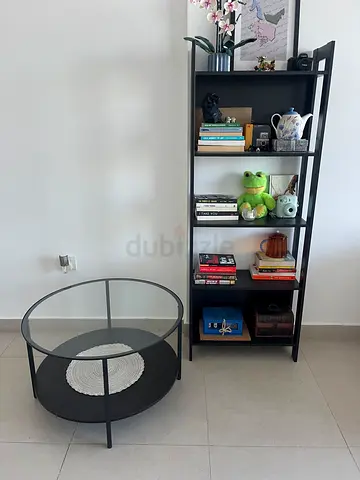 Black Metal Open Bookshelf with Round Glass Coffee Table - Set of 2