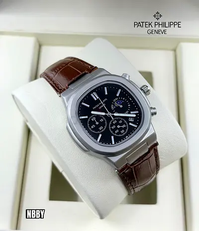 Patek Philippe-style Mens Chronograph Watch with Brown Leather Strap