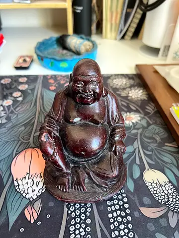 Small Carved Laughing Buddha Statue - Dark Wood Finish