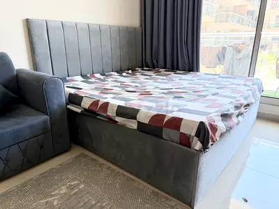 Modern Gray Velvet Upholstered Bed with Paneled Headboard