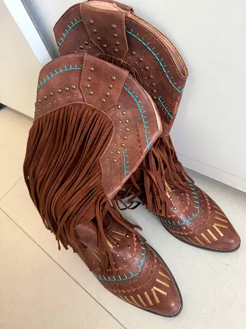 Brown Boho Suede Fringe Western Ankle Boots with Studs and Embroidery Size 41 vegan leather