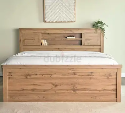 Solid Wood Queen Bed (with matress) with Headboard Storage - Natural Oak Finish