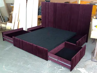 Modern Upholstered Bed Base with Storage Drawers and High Headboard
