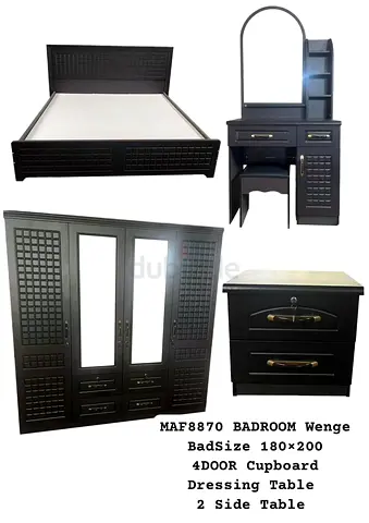 4-Piece Wenge Bedroom Set: Bed 180x200, 4-Door Wardrobe, Dressing Table  Nightstand