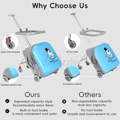 Kids Ride-On Luggage with Handle and Tray — Blue Expandable Suitcase