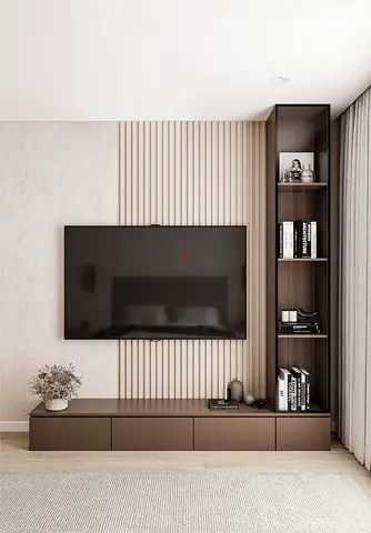Modern low TV cabinet with tall open shelving - brown finish