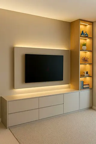 Modern TV Entertainment Unit with Built-in Shelving and LED Backlight