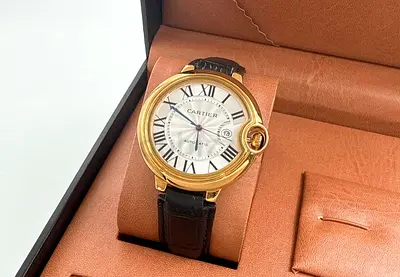 Cartier Ballon Bleu Automatic Gold Case Leather Strap Mens Watch - Excellent Condition