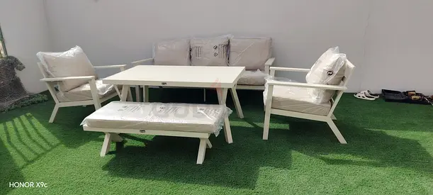 White Outdoor Patio Sofa Set with Table and Bench - 5 Pieces