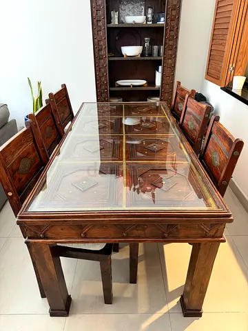 Solid Wood Carved Dining Table with 6 Matching Chairs