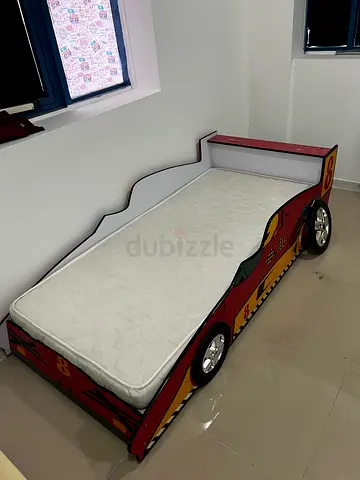 Kids Racing Car Bed Frame with Mattress and single bed with mattress and small cabinet all 450dh