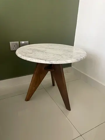 Round Marble Top Side Table with Wooden Tripod Base