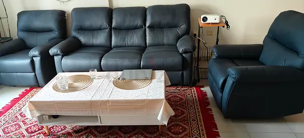 Dark blue leather 5-seater recliner sofa set with armchair