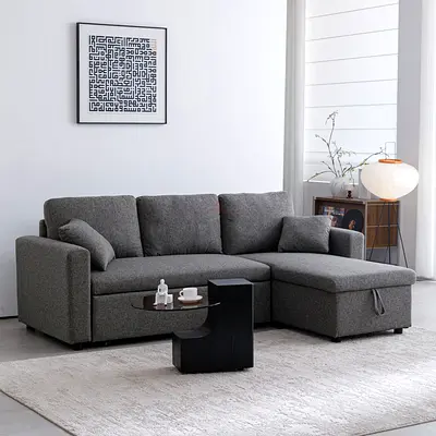 Storage chaise boucle fabric pull out sofa bed