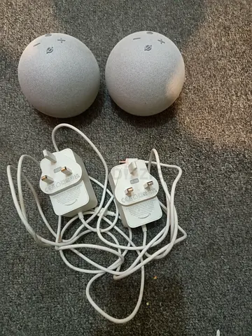 Pair of Amazon Echo Dot (5th Gen) smart speakers with UK chargers