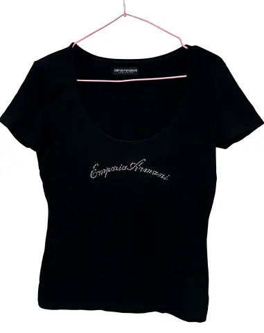 Emporio Armani Womens Black Rhinestone Logo T-Shirt