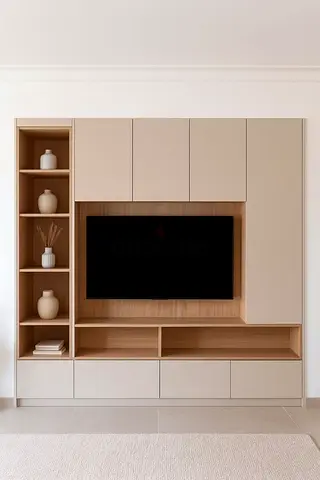 Wood Finish Wall-Mounted Entertainment Unit with Shelves and Cabinets