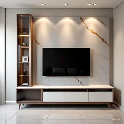 Modern wall-mounted TV entertainment unit with marble backdrop