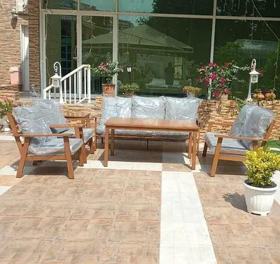 Wooden Outdoor Sofa Set - 3-Seater Sofa with Two Armchairs and Coffee Table