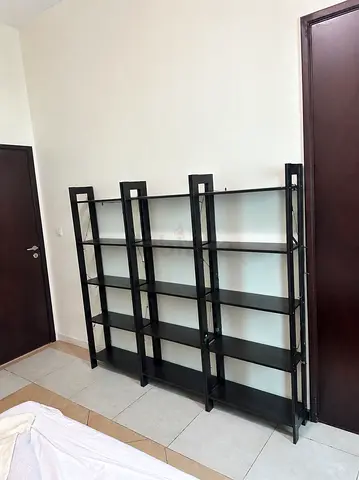 Three-piece black metal shelving unit - sturdy open bookcase (IKEA shelving unit)