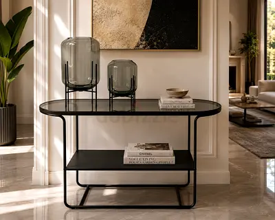Luxury Modern Smoked Glass Console Table | Black Metal Frame with decoration and vases set