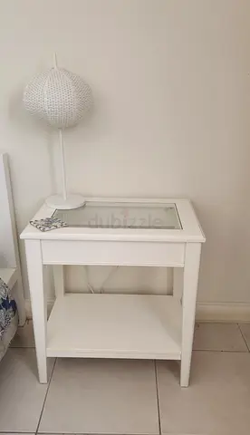 White Wooden Side Table with Glass Top and Shelf