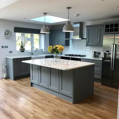 Modern Grey Kitchen Island with Cabinets and Quartz Top