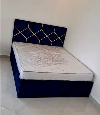 Brand New Blue Upholstered Queen Size Bed with Storage and Geometric Headboard and Mattress