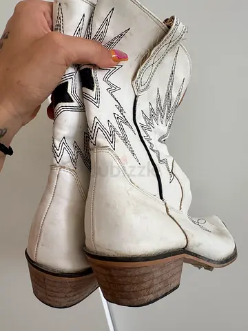 White Boho PU Leather Cowboy Boots Size 41
