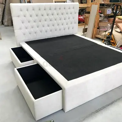 Modern Upholstered Bed with Storage Drawers and Tufted Headboard