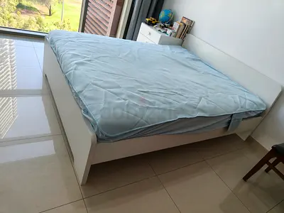 White Double Bed Frame with Headboard and Storage Drawers - Good Condition