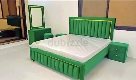 Brand New Green Upholstered Queen Bed with Matching Nightstands and Dressing Table
