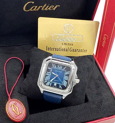 Cartier Santos-style Mens Watch with Blue Dial and Leather Strap (With Box  Papers)