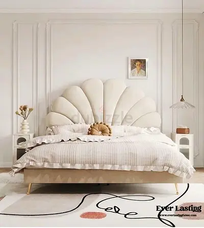 Velvet Scalloped Shell Bed Frame with Upholstered Headboard