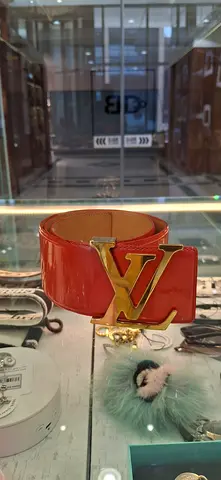 Louis Vuitton Red Patent Leather Belt with Gold Initials Buckle