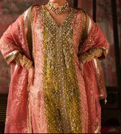 Embellished Pakistani/Indian Formal Long Dress with Dupatta (Pink  Olive)