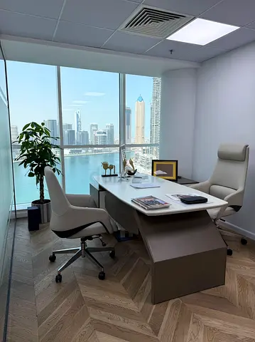 Executive Office Desk with White Manager Chairs | Premium Office Furniture Dubai